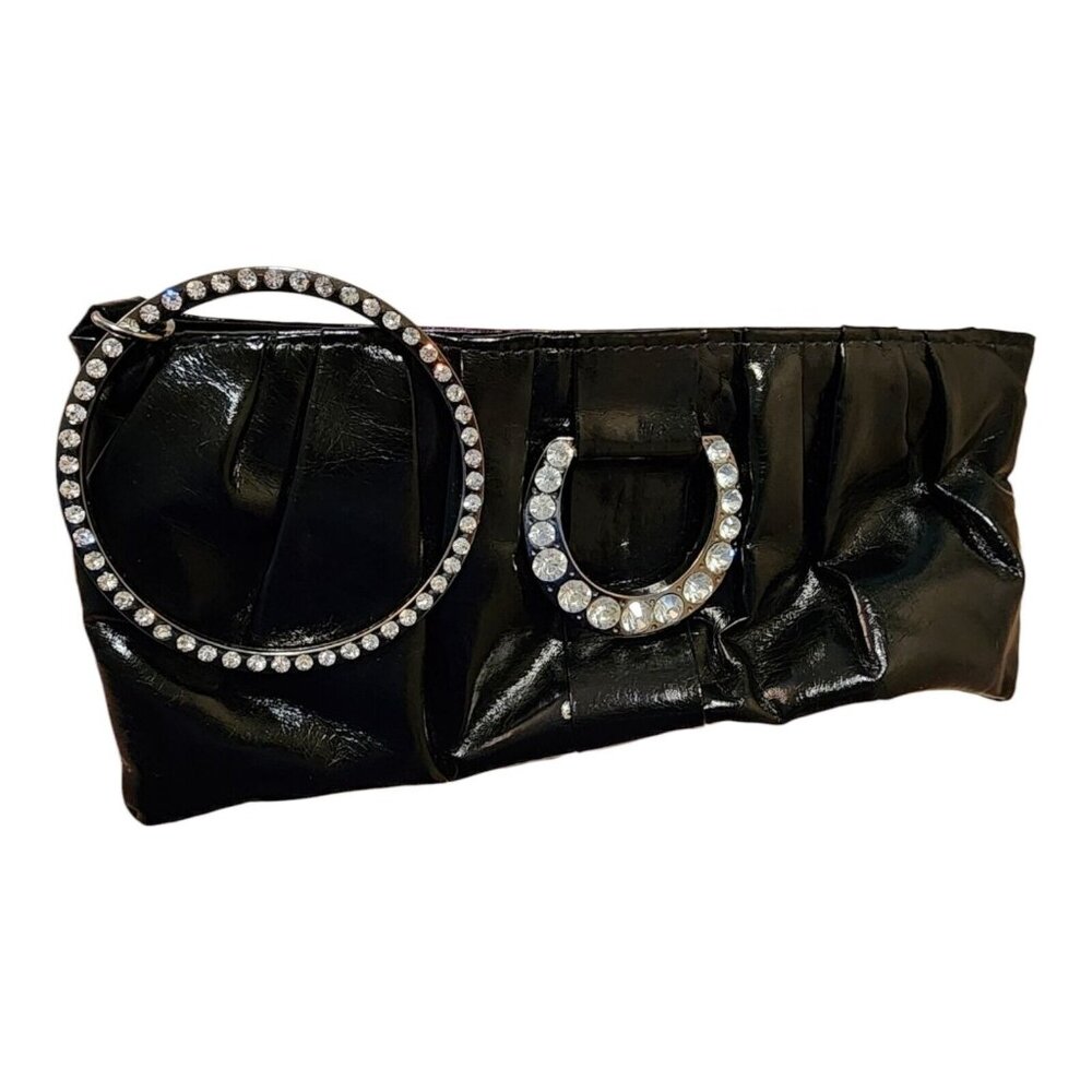 Bangle Clutch/ Handbag Black Pleather With Gemstones Glossy Finish One Pocket